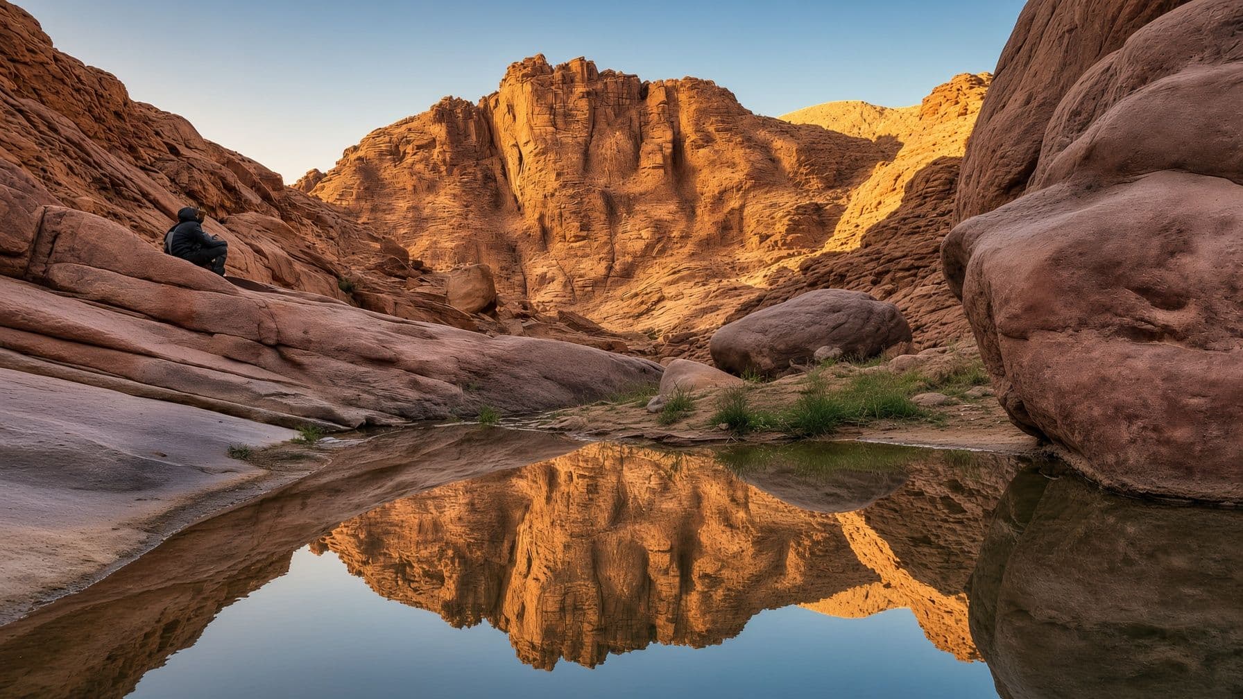 A red granite canyon in South Sinai reflected in a still pool, with a hiker resting on the rocks