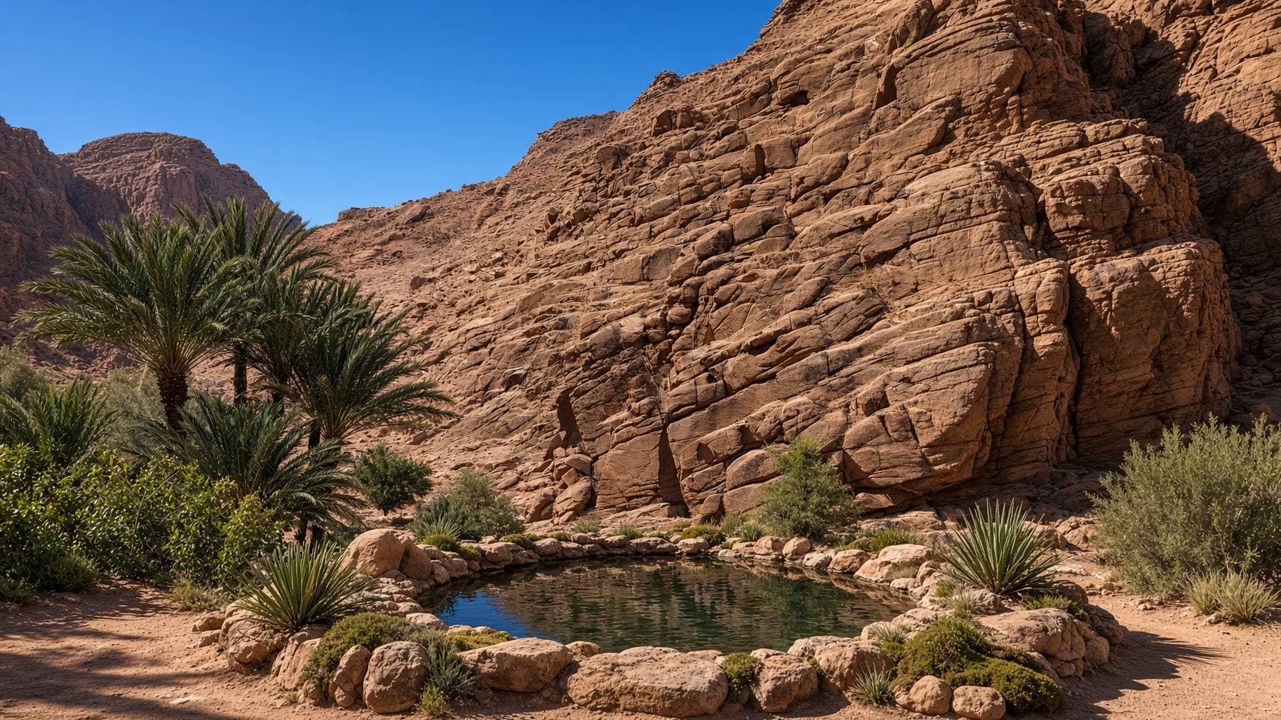 A small pool with palm trees below a granite mountain in a South Sinai oasis