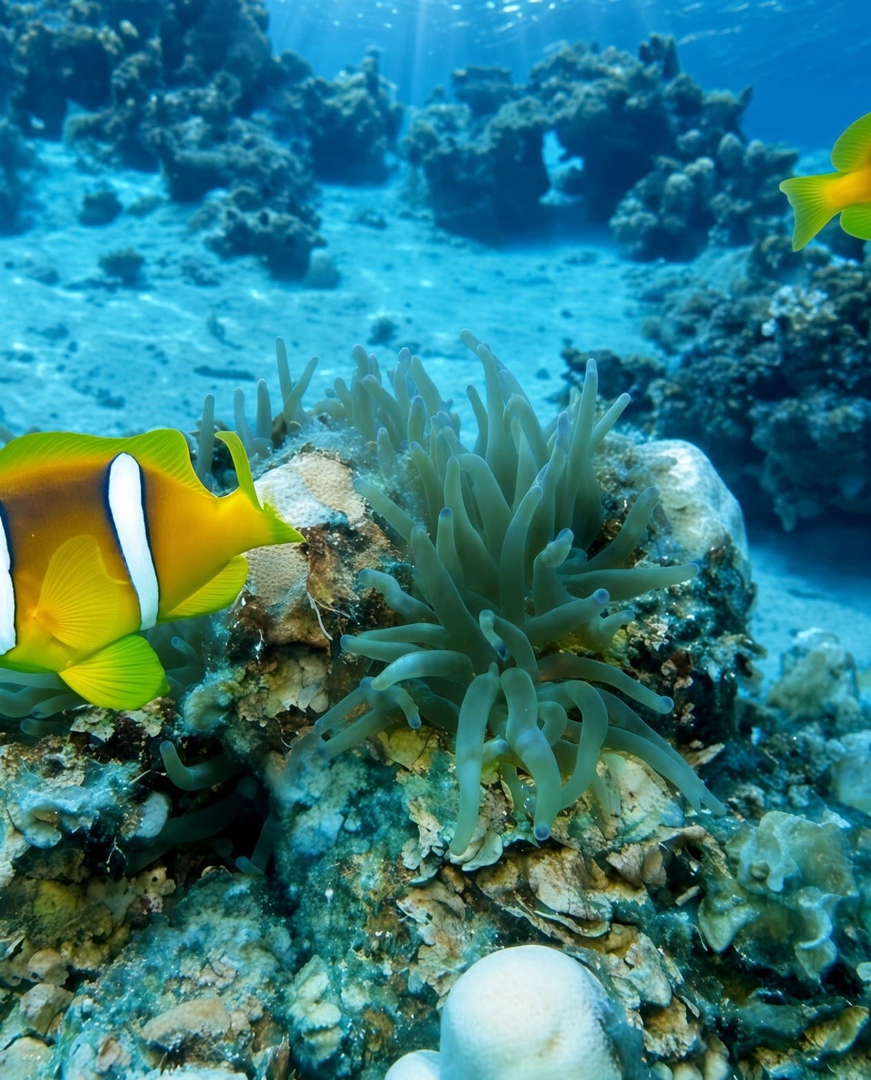 Red Sea anemonefish beside an anemone on a coral reef near Dahab