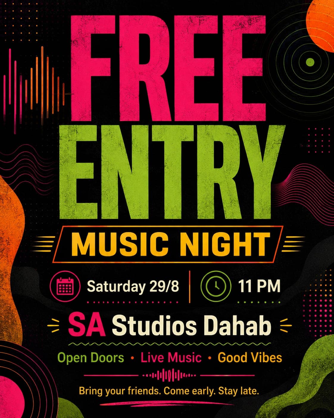 Poster for FREE ENTRY MUSIC NIGHT at SA Studios Dahab